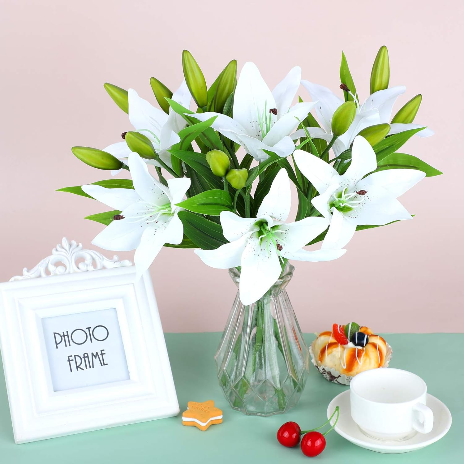 ELCOHO 6 Pieces Artificial Lily Flowers Latex Real Touch Fake Lily Bouquet Artificial Flowers for Home Wedding Parties Vases Floral Decor - Image 3