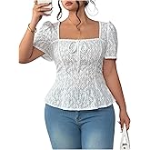 winkbay Women's Plus Size Tie Front Puff Sleeve T Shirts Summer Eyelet Embroidery Square Neck Going Out Tops