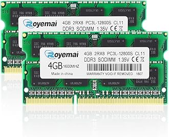 8GB Kit PC3L 12800S 1600 Sodimm RAM, Royemai 2x4GB DDR3L 1600MHz PC3 1.35V CL11 2RX8 Non-ECC Unbuffered Memory Module for Laptop Notebook Computer