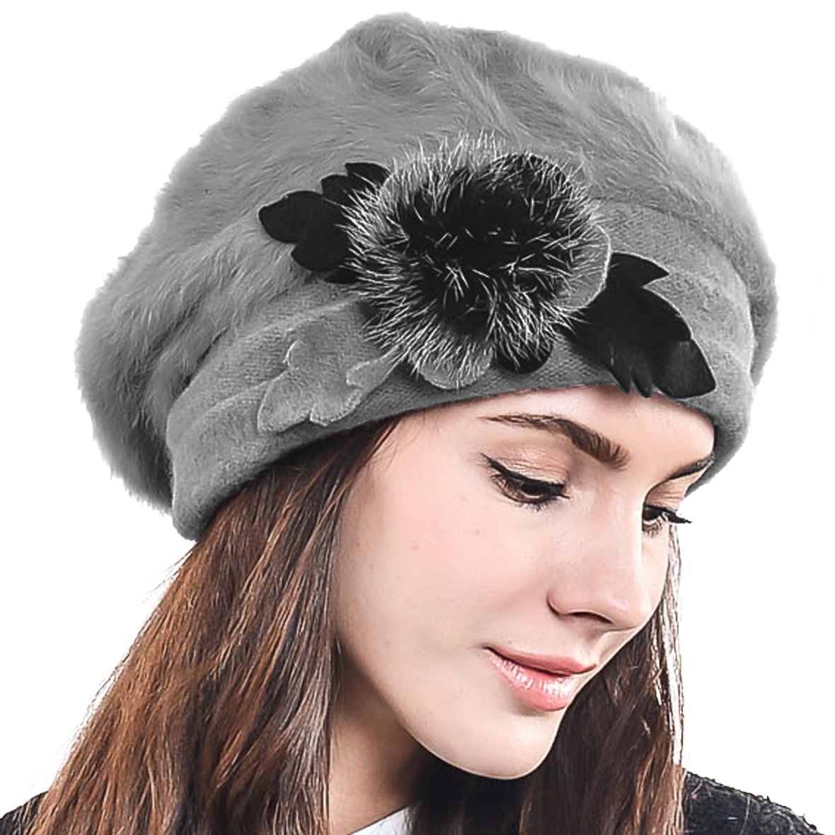 Women Classic French Artist Wool Beret Angora Beanie Winter Hat BR022 (Grey)(Size: M)