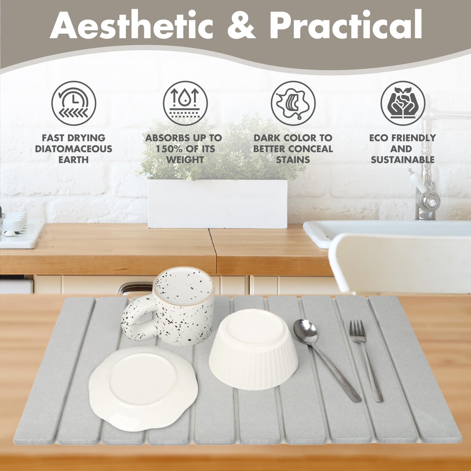Large Stone Dish Drying Mat for Kitchen Counter, Eco-friendly, Instant Drying Pad,Diatomaceous Earth Water Absorbing Mat, Foldable and Super Absorbent Dish Drying Stone Mat, 24