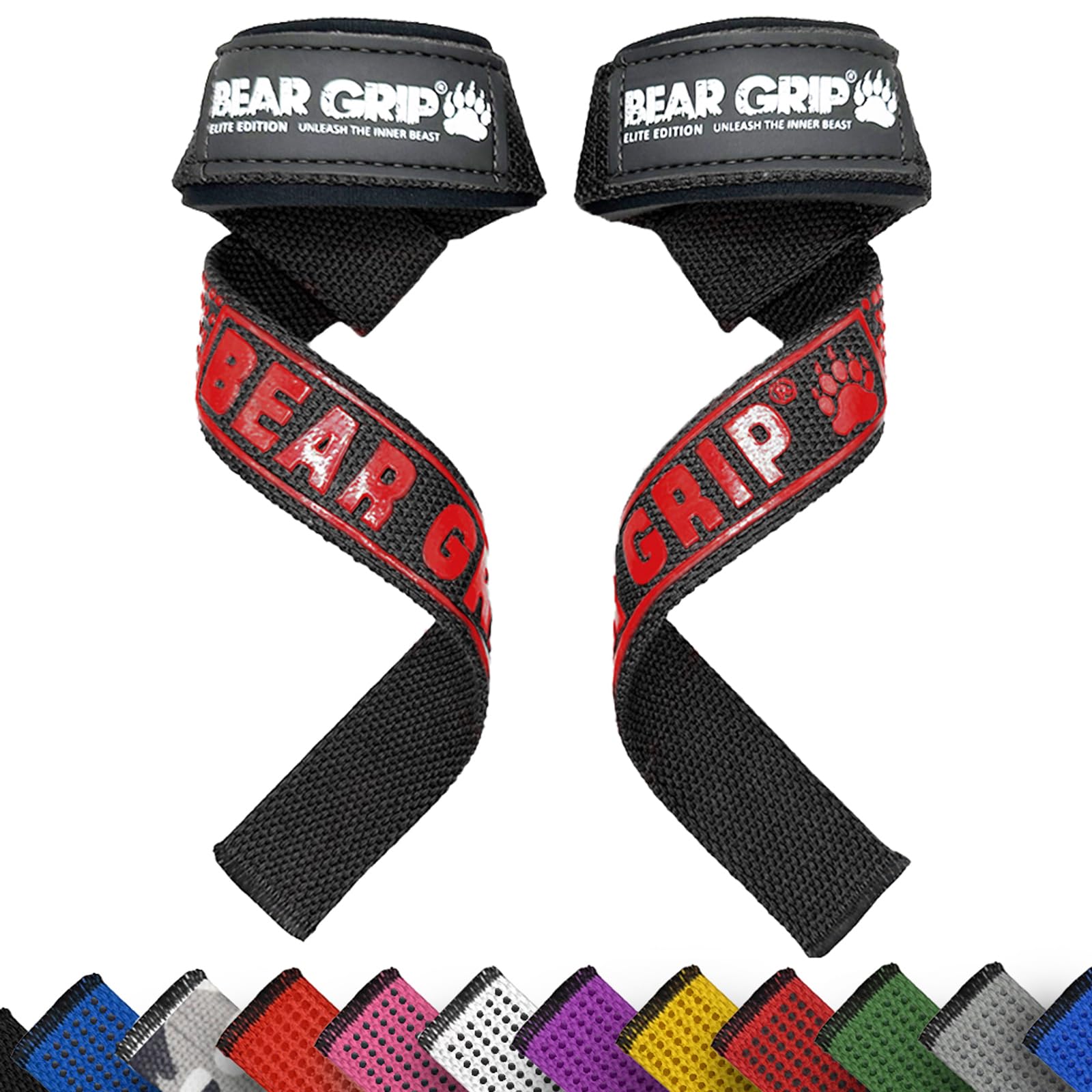 BEAR GRIP Straps - Premium Neoprene Padded Heavy Duty Double Stitched Weight Lifting Gym Straps, Deadlift, Gym Accessories for Men and Women, Gel Grip, 100% cotton, Extra long length (Red Elite) — image 1