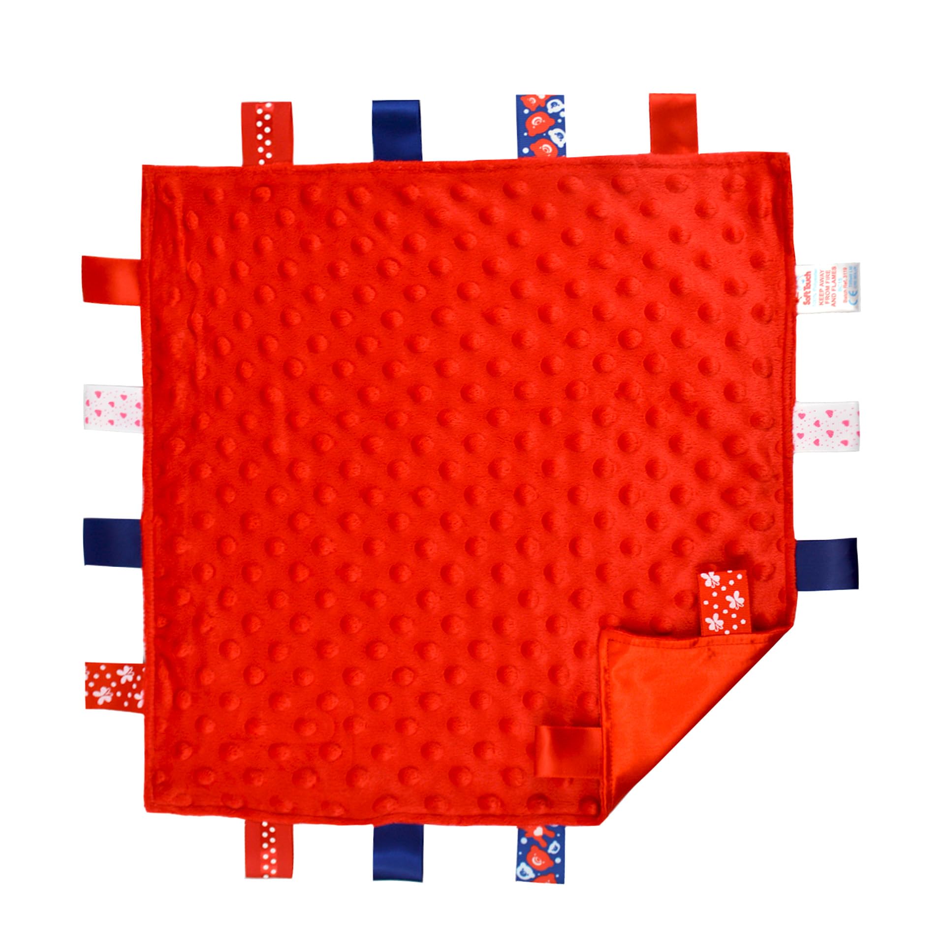 Soft Touch Taggie Dimple Comforter Baby Comfort Blanket with Sensory Tags and Bubble/Heart/Star/Foil Print Pattern (Red Dimple)