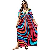 sunforyou Kaftan Dresses for Women Plus Size Lightweight Swimsuit Cover up Batwing Sleeve Print Loungewear Beach Robe