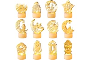 Glooglitter 12 Pcs Ramadan Decorations Eid Mubarak Lamp with Battery Mini Lantern Lights Decoration Night Castle Islamic Moon Star LED Lights Decor for Tabletop Bedroom Home Indoor Outdoor Party Gift