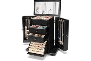 Emfogo Jewelry Box for Women, Rustic Wooden Jewelry Boxes & Organizers with Mirror, 4 Layer Jewelry Organizer Box Display for