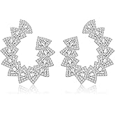 18k Gold Silver Plated Cubic Zirconia Crystal Drop Studs Earrings for Women Fan Shaped Statement Hoop Studs Earrings Gifts for Wife Mother Party Prom