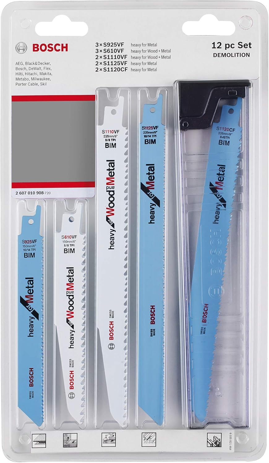 Bosch 2607010908 "Demolition" Jigsaw Blade-Set, 0 V, White/Blue, Set of 12 Piece, 12 pcs