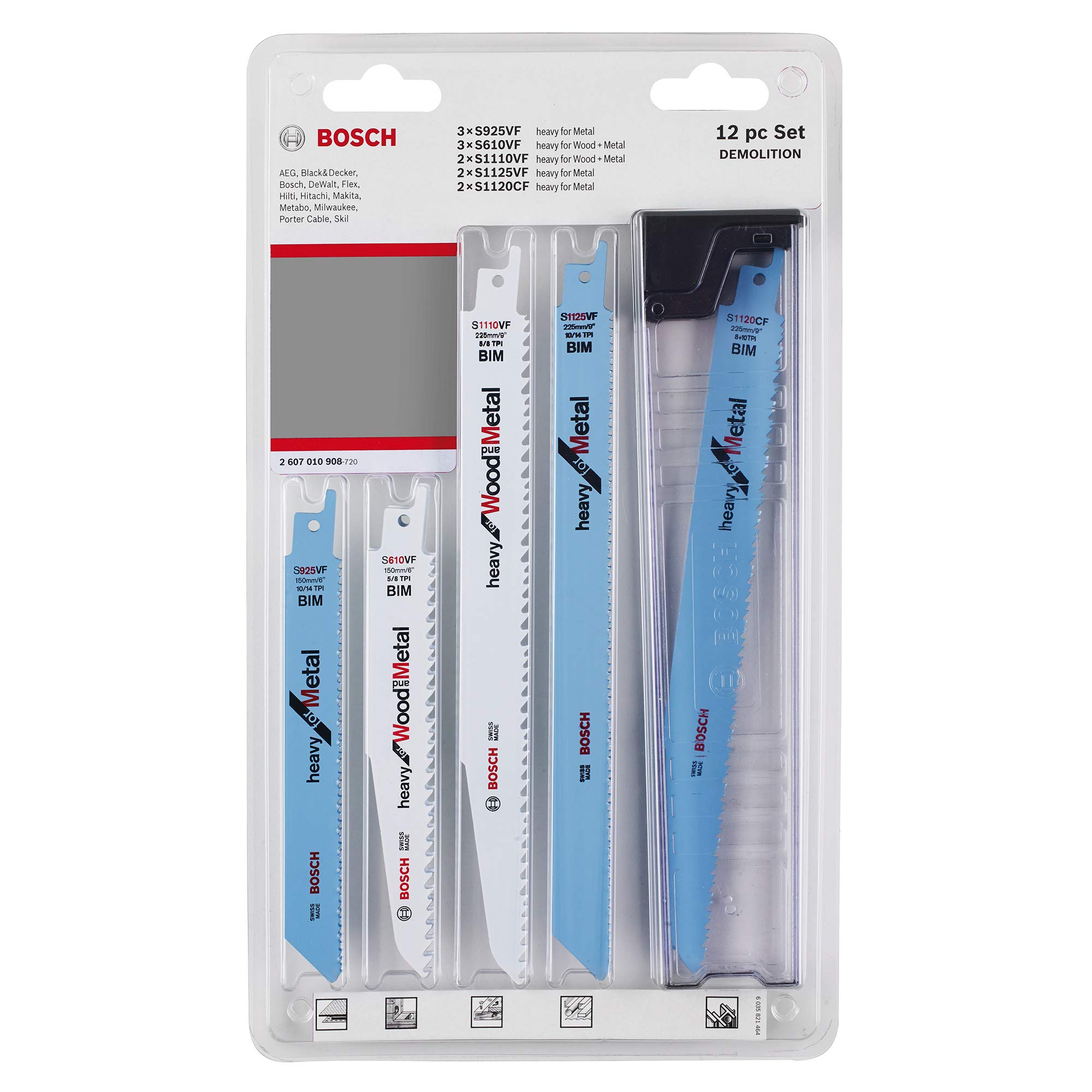 Bosch 2607010908 "Demolition" Jigsaw Blade-Set, 0 V, White/Blue, Set of 12 Piece