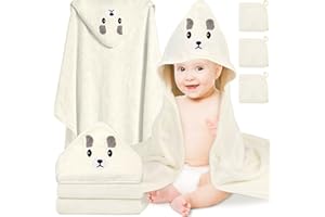 Sublaga 4 Pcs Baby Towels Set, 32x32 in Hooded Bath Towel and 3 Pcs Baby Washcloths for Newborns, Toddlers, and Kids, Soft Baby Towels and Washcloths Set for Boys and Girls (White Bear)