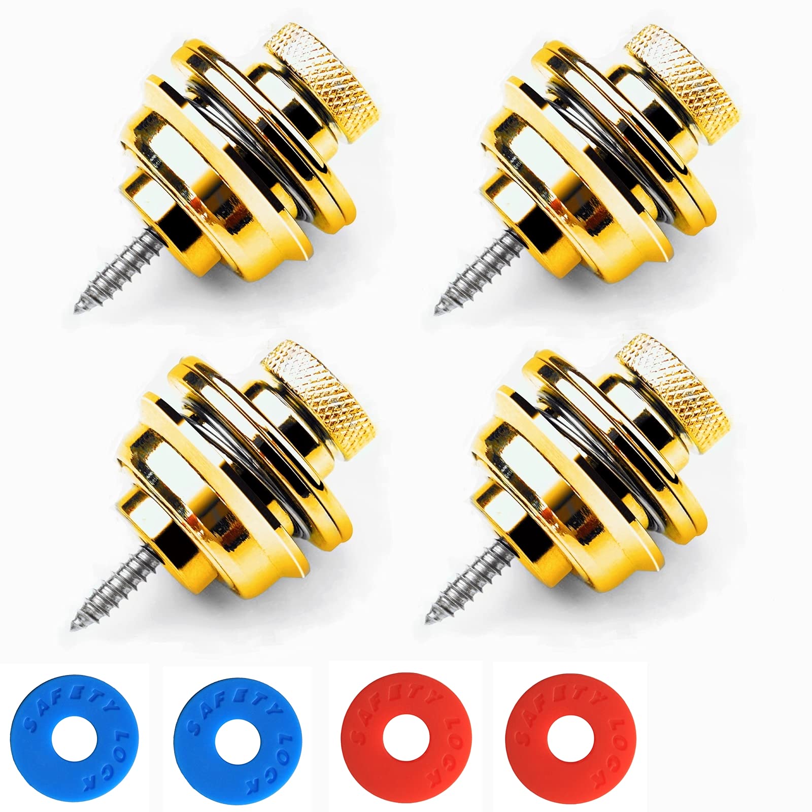 Guitar Strap Locks Flat Round Head Heavy Duty Metal Button Security Straplock, Dual Design Strap Retainer System 2PCS with 2 Rubber Block for Electric Acoustic Guitar,ukulele (2 Pair Golden)