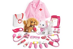 Pet Vet Kit for Kids with 2 Plush Pets (Dog & Cat) & Doctor Costume - 36Pcs Interactive Veterinarian Playset for Toddlers 3-5