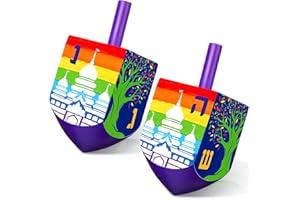 Wonderjune 2 Pcs Hanukkah Dreidels Extra Large Wooden Dreidel for Hanukkah Decoration with English Transliteration, Forever Spinning Tops Party Favors(Temples)