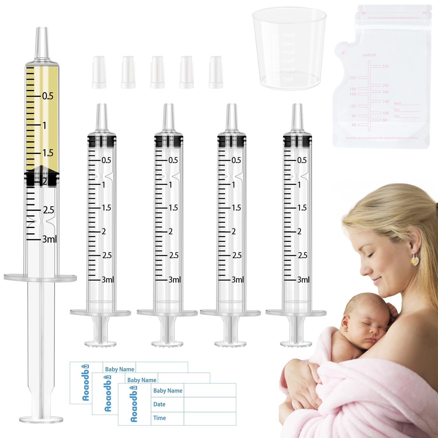 Photo 1 of ?Colostrum Collector Kit Include 100pcs 3ml Sealed Breast Milk Collector No Needle Colostrum Syringes 5 Breastmilk Storage Bags and 1 piece 30 ml measuring cup with 100 Stickers
