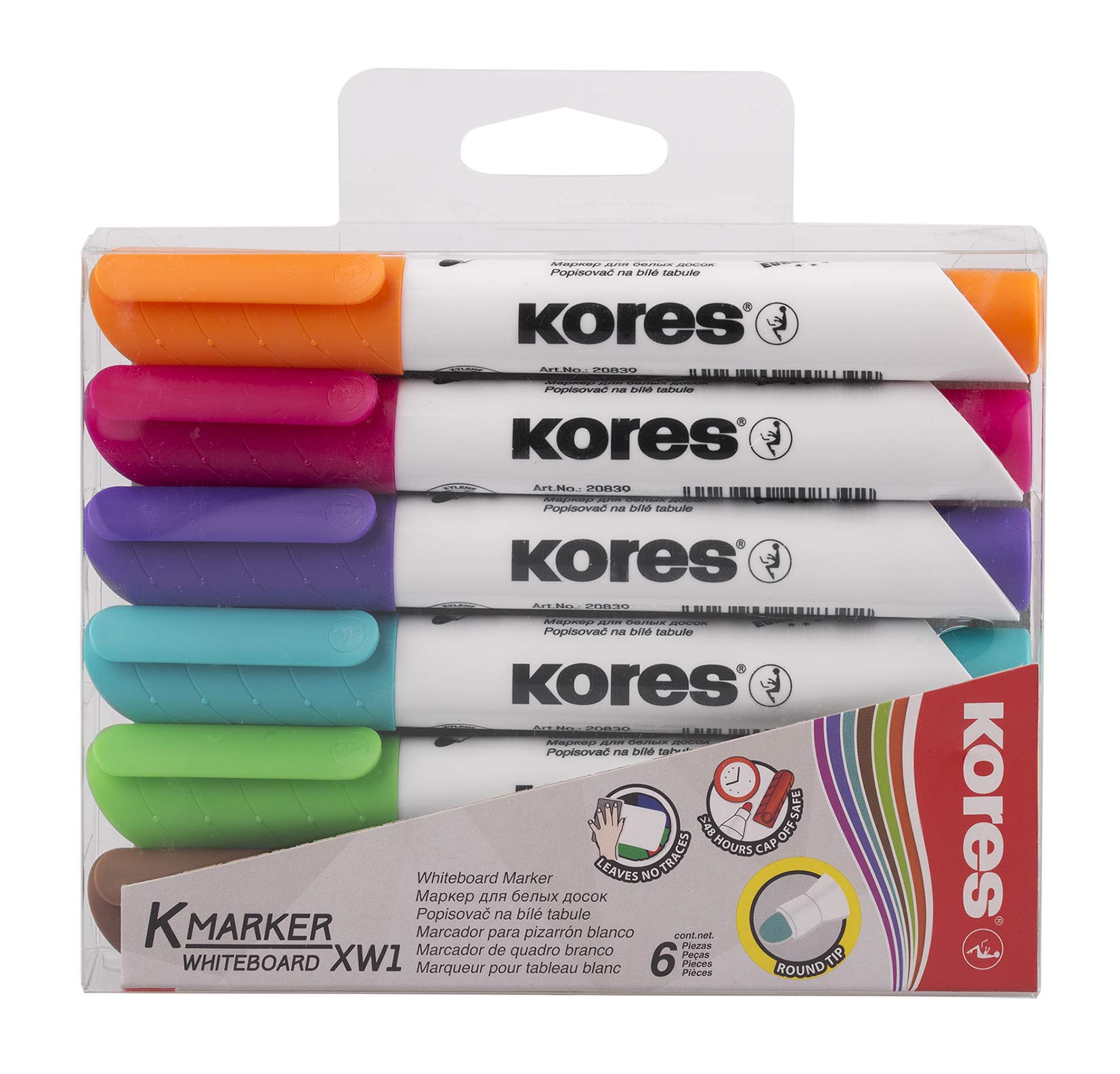 Kores - Coloured Whiteboard Marker Pens - K-Marker XP1, Round Tip with Low-Odour Ink - Dry Wipe Marker Pens - Back to School Supplies, Office Supplies - Pack of 6 Assorted Colours