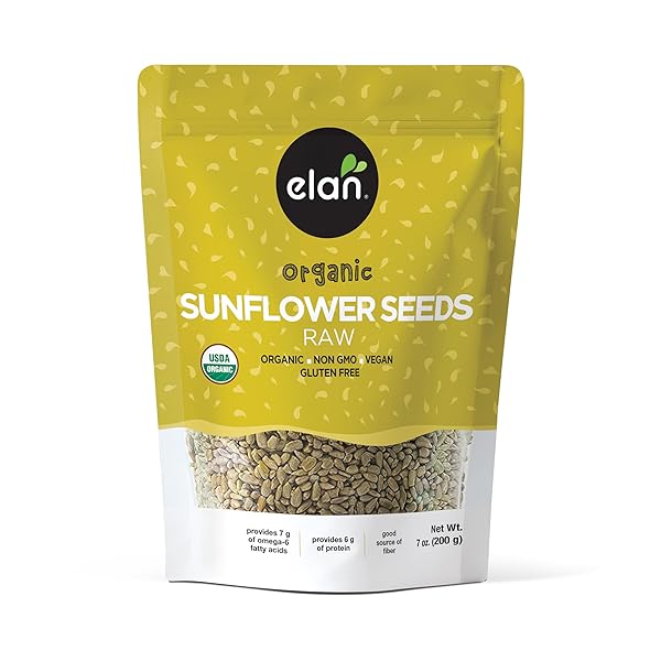 ELAN ORGANIC RAW SUNFLOWER SEEDS, 7.1 OZ, UNSALTED KERNELS, SHELLED SEEDS, NO SHELL, NON-GMO, VEGAN, GLUTEN-FREE, KOSHER, ALL NATURAL SNACKS & TOPPINGS