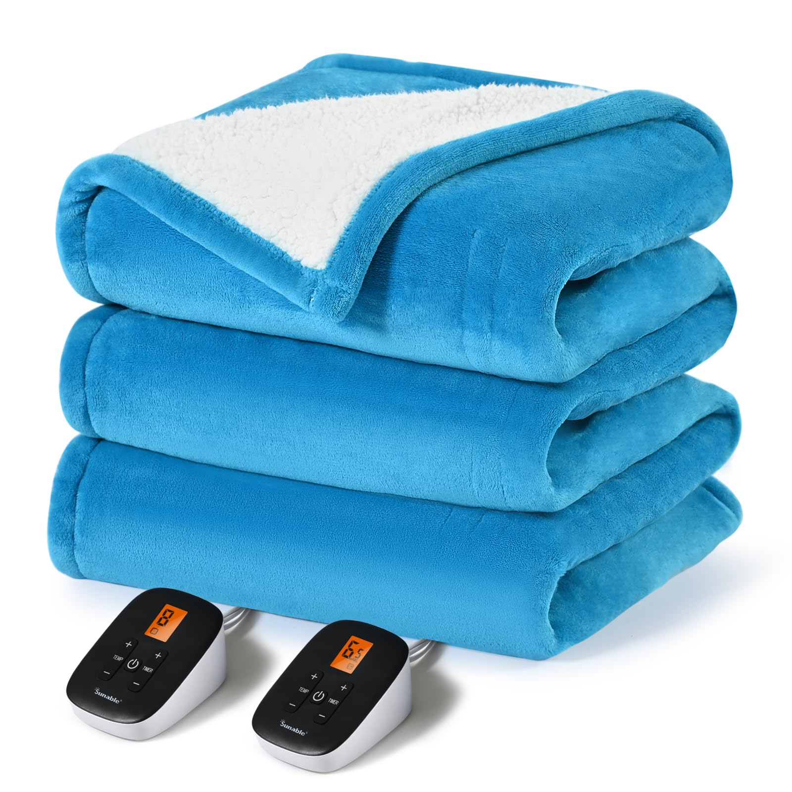 Photo 1 of Sunable Heated Electric Blanket - Machine Washable Heating Blanket with Time Settings 10 Heat Settings Queen Size 84×90 inches, ETL Certified, Teal - Velvet & Sherpa