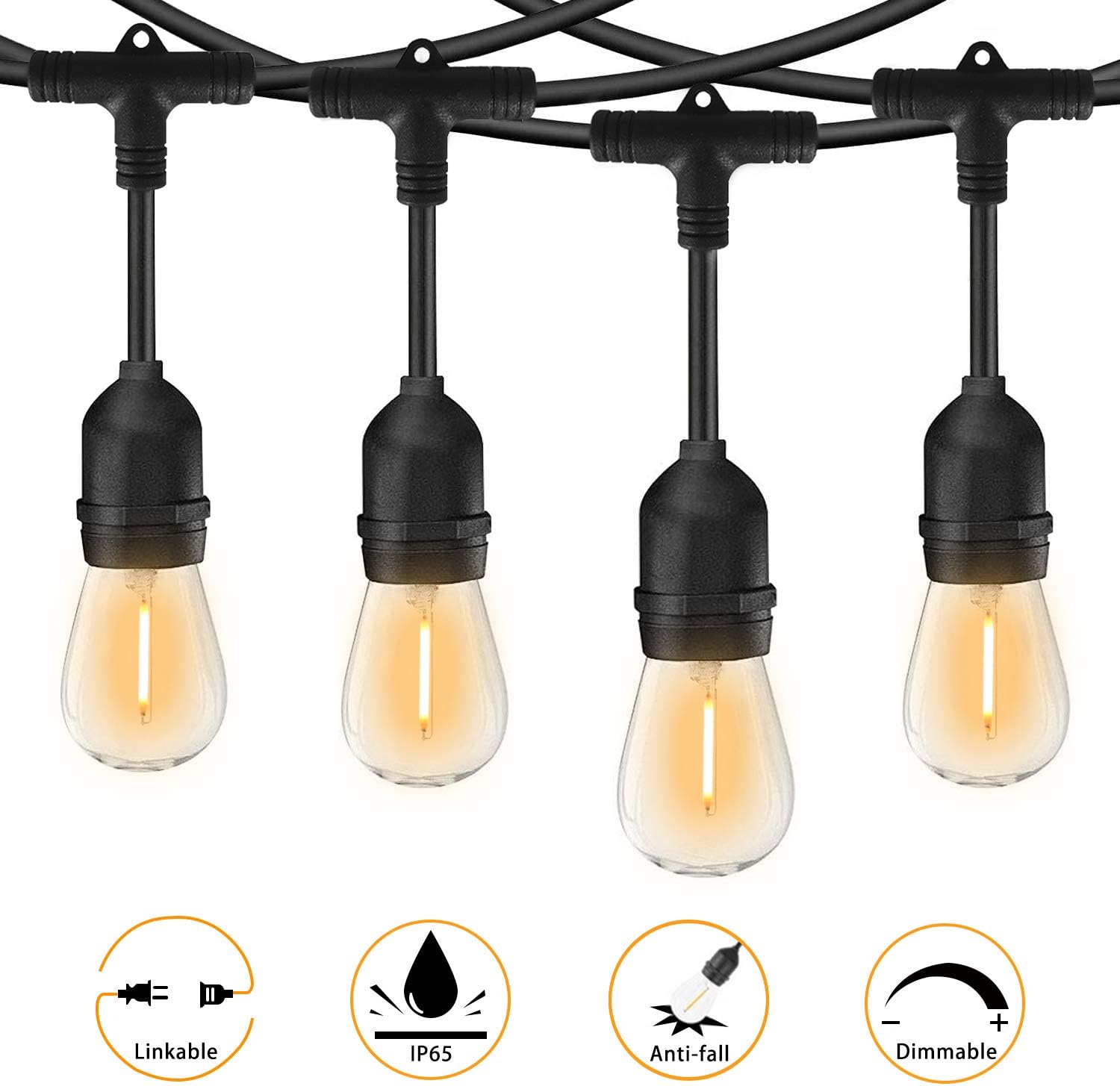 Bomcosy Led Outdoor String Lights,50FT with 15pcs E26 Socket,15+1pcs Shatterpoof S14 Edison Bulbs,1 Watt Dimmable 2700K, IP65 Waterproof, Commercial Grade Patio Lights: Home & Kitchen