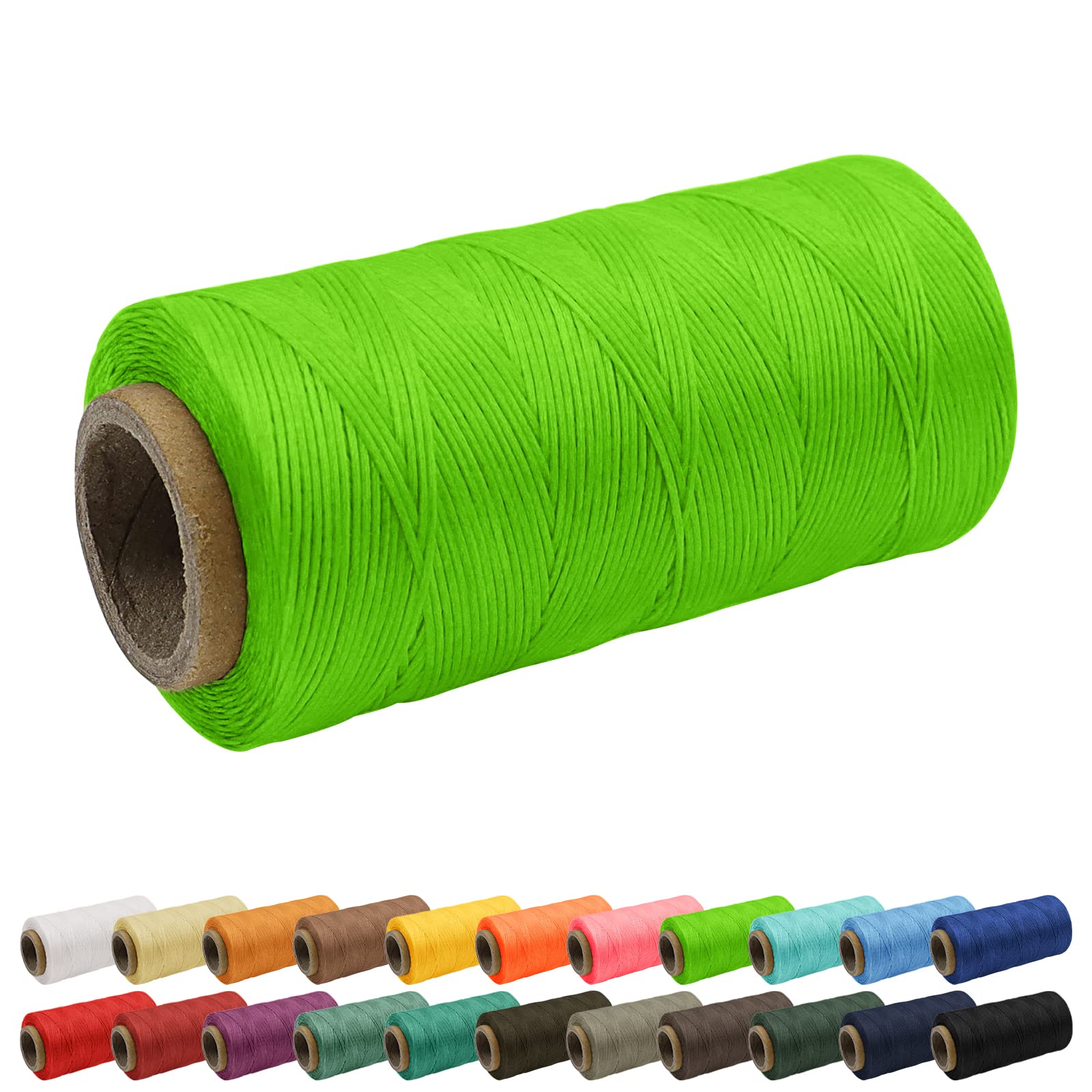 Uiopa 1mm Waxed Thread, 260m 150D Leather Sewing Thread, Hand Stitching Flat Waxed Cord for Leather Craft, Bookbinding, Shoes Repairing, Fluorescent Green Cord