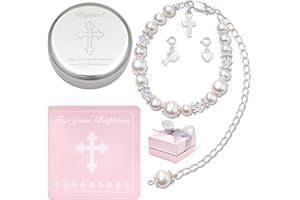Tryuunion Baptism Bracelet in Sterling Silver and Cultured Pearls for Baby Girls, Comes with a Unique Silver-plated Jewelry Keepsake Box, Christening and Baptism Gifts For Girl, Includes 3 Charms