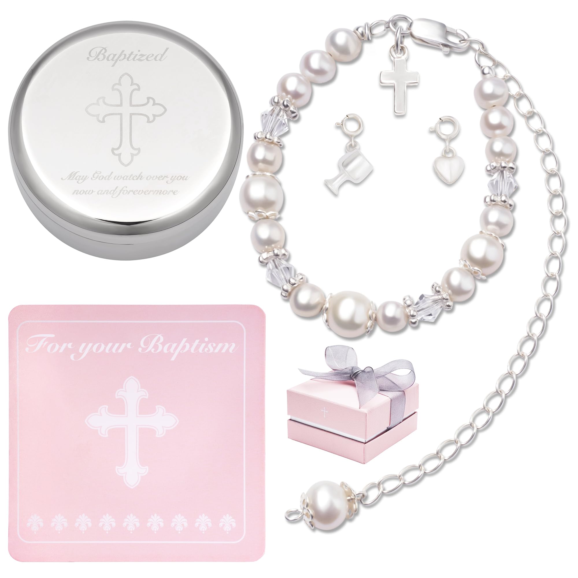 Photo 1 of Tryuunion Baptism Bracelet in Sterling Silver and Cultured Pearls for Baby Girls, Comes with a Unique Silver-plated Jewelry Keepsake Box, Christening and Baptism Gifts For Girl, Includes 3 Charms