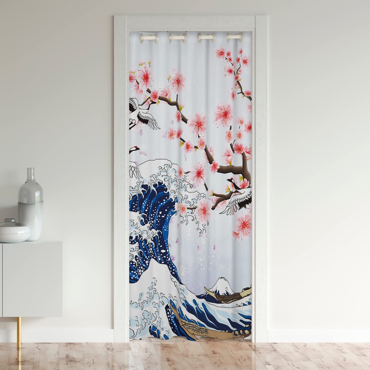 Loussiesd Japanese Wave Door Curtain for Doorway Privacy Floral Closet Door Cover Curtain for Bedroom Living Room Ocean Wave 30%-50% Room Darkening Blackout Curtain132x203cm 1 Panel