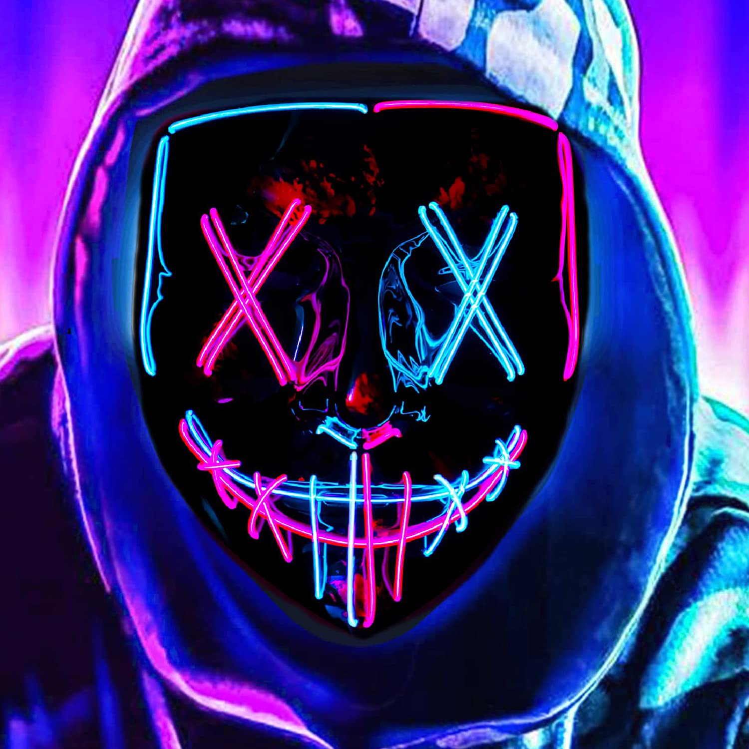 DWTECH LED Halloween Mask - Light Up Mask LED Masks EL Wire Scary Mask for Masquerade Cosplay Light Up Face Mask for Kids Men Women Halloween Festival Party (Ice Blue&Pink A) — image 1