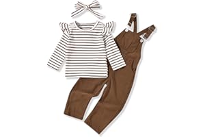 HINTINA 2PCS Baby Girls Clothes Toddler Jumpsuit Rompers Adjustable Ripped Jeans Overalls Set with Long Sleeve Stripe T-Shirt