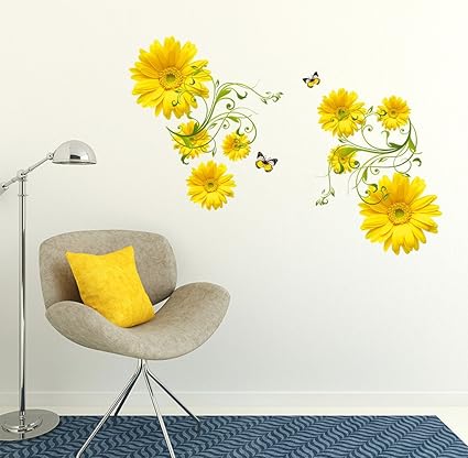 Decals Design Flowers Yellow Daisy with Green Vine Wall Sticker (PVC Vinyl, 50 cm x 70 cm, Multicolour)