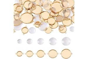 KISSITTY 30pcs Gold Brass Flat Round Cabochon Bezel Trays Blanks Links Connectors Charms Pendant Settings Double Holes with 3
