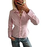 Miqil Women Fitted Striped Button Up Shirt Y2K Tie Back Long Sleeve Collared Blouse Slim Fit Lace Up Button Down Shirt