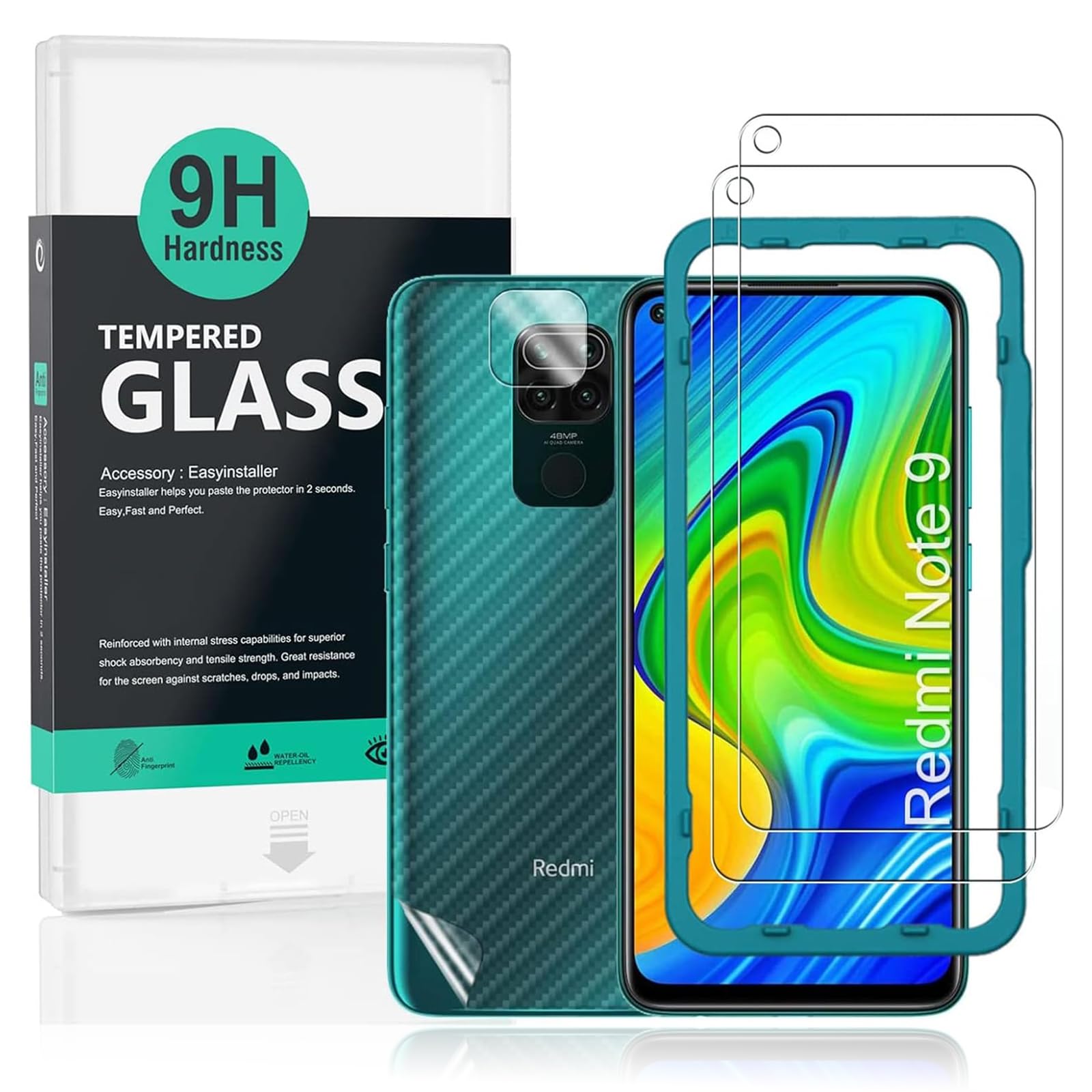 Ibywind Screen Protector (2 Pack) For Redmi Note 9,9H Hardness Tempered Glass,With 1Pc Camera Lens Protector,1Pc Back Protector,Easy to Install — image 1