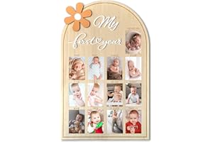 PDRYLY My First Year Wooden Photo Board, Baby’s First Year Picture Frame, One Year Birthday Photo Display Wood Board, 12 Months Milestone Board Photo Frame, Gift for Newborn Baby 1st Birthday Memories Nursery Decoration (Flower)