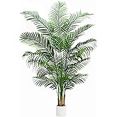 Artificial Palm Tree 7FT Faux Plants Indoor Tropical Fake Palm Tree Areca Floor Plant in White Pot with 18 Trunks & Real Bark Design, Faux Palm Plant for Outdoor Patio Home Room Office Decor
