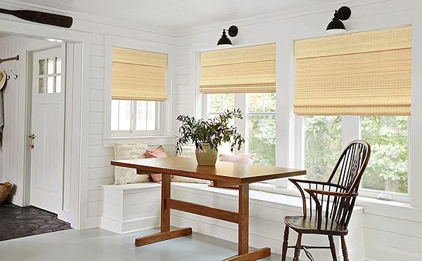 LAZBLINDS NO TOOLS NO DRILL CORDLESS BAMBOO ROMAN SHADES, PRIVACY WINDOW TREATMENT, ROLL UP BAMBOO BLINDS FOR WINDOWS 27” W X 64” H, NATURAL