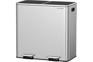 SONGMICS Trash Can, 2 x 10.6 Gallon (2 x 40 L) Garbage Can for Kitchen, with 15 Trash Bags, 2 Compartments, Plastic Inner Buckets and Hinged Lids, Airtight, Silver and Black ULTB730E80