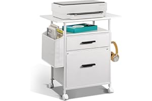 NASHZEN File Cabinet Printer Stand, Fabric Mobile Filing Cabinet with 2 Storage Drawers, for Hanging A4, Letter Size File Folders, Open Shelf with Storage Bag and Hooks Home Office, White