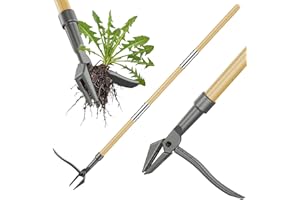 Weed Puller Tool, Stand Up Heavy Duty Weed Remover with 43 Inch Bamboo Handle, 4-Claw Steel Head, Metal Foot Pedal, Smoothly 