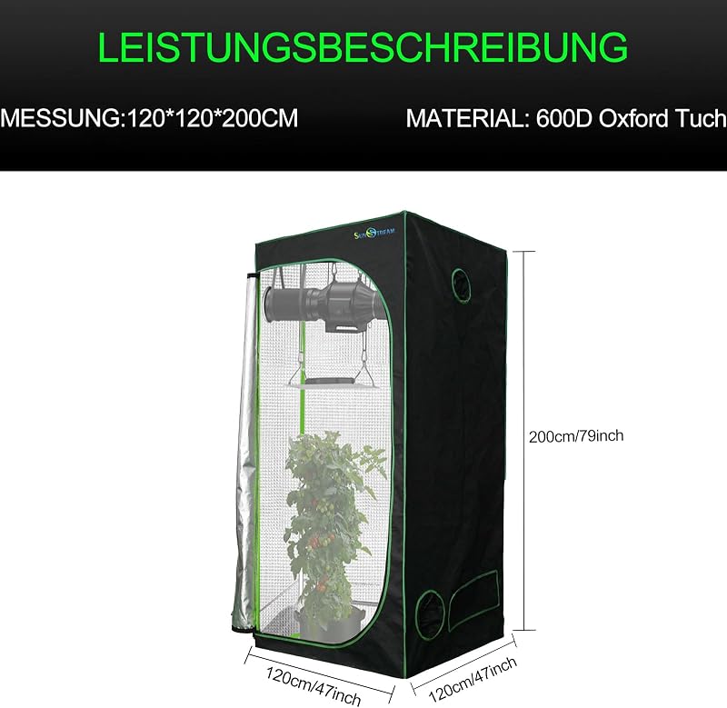 Tenda verde, 120 x 120 x 200 cm, tenda Grow per interni, resistente alla luce e impermeabile, con finestra di osservazione Mylar impermeabile e vasca inferiore per elenco di coltivazione