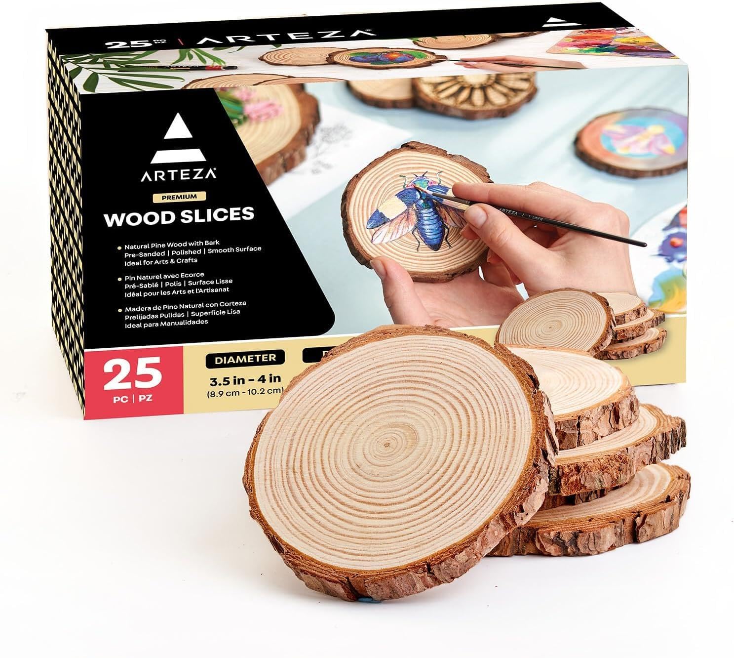 ARTEZA Natural Wood Slices,25 Pieces, 8.9cm-10.2cm Diameter,1cm Thickness,Round Wood Discs for Crafts,Centerpieces & Paintings,Christmas Ornaments,Sanded & Polished Circles (Packaging may vary)