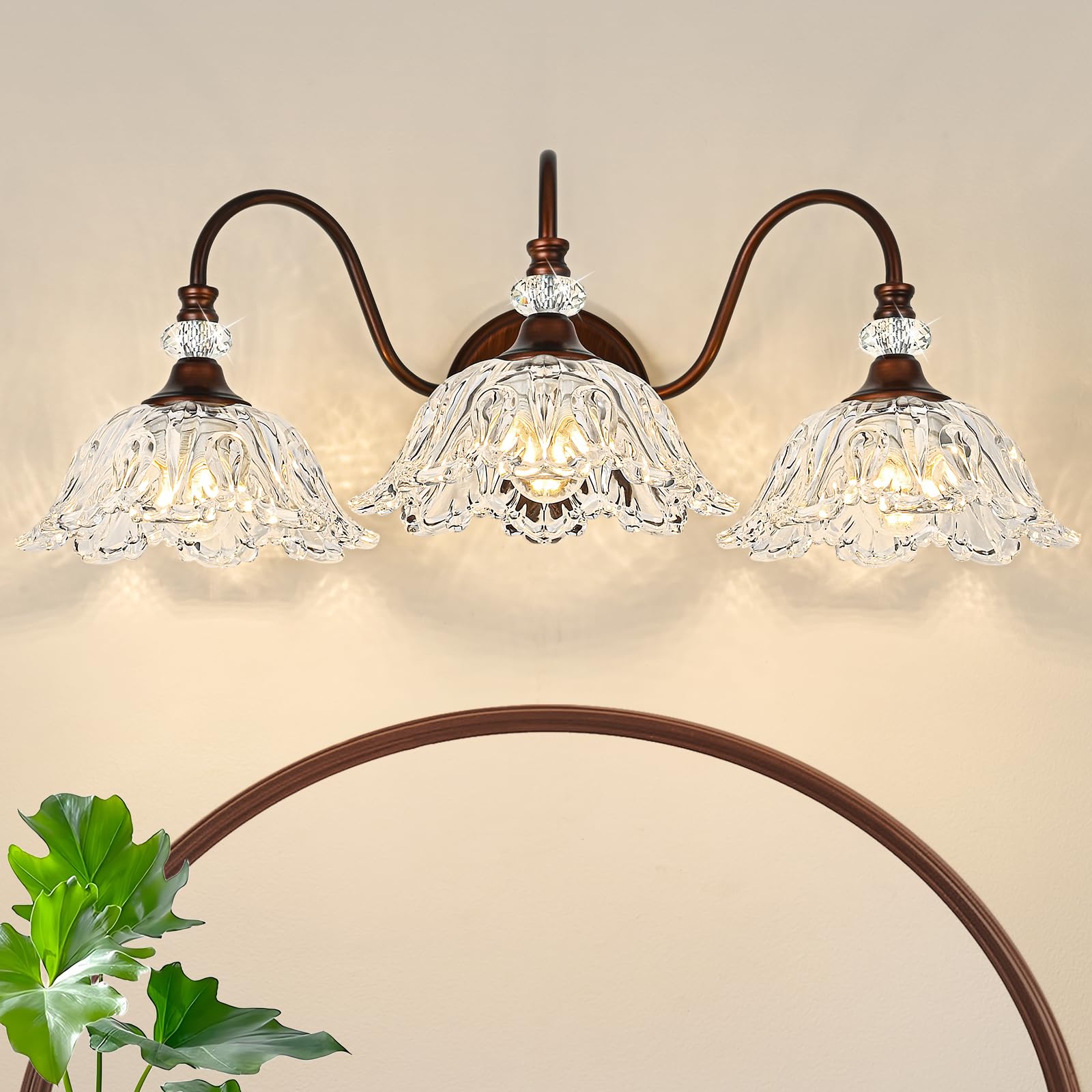 Photo 1 of sunkryster Oil Rubbed Bronze Bathroom Vanity Light, 3-Light Vintage Vanity Light with Floral Clear Glass Shades, Retro Wall Mount Lighting for Bathroom, Dressing Table