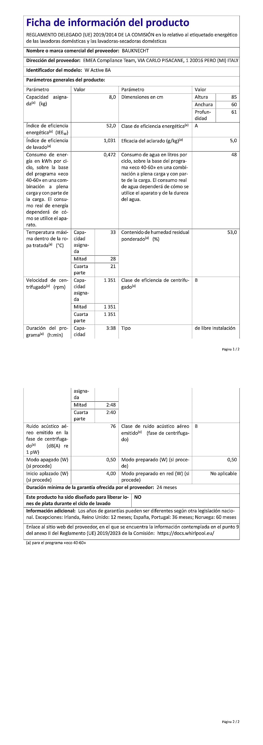 Bauknecht W Active 8A Waschmaschine Frontlader/ 8kg/ kraftvolle Fleckentfernung/ Dampf Programme/ Steam Hygiene Option/ Energieeffizienzklasse A/ Stopp&Add Funktion/ ProSilent-Motor [Energieklasse A]