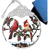 Giftelix Glass Ornament - Cardinal Birds - Cardinals Couple Crystal Ornament - Bird with Holly Berries & Snow - Hanging Tree Decor - Mother's Day for Parents Couples Sisters Friends
