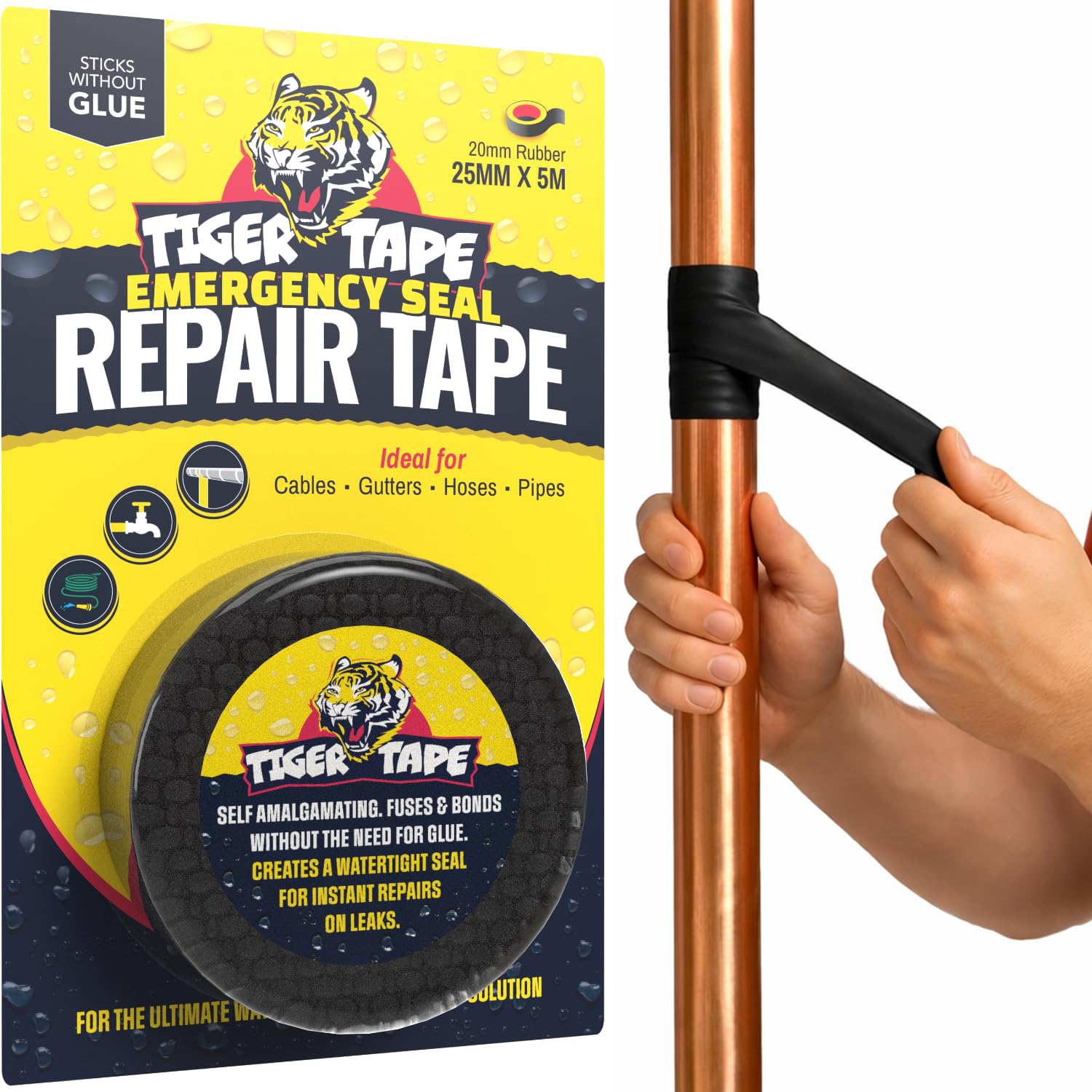 Tiger Tape® Emergency Self-Fusing Plumbers Repair Tape – Waterproof, Self-Amalgamating & Self-Bonding – Stops Leaks Fast | Ideal for Plumbing, Electrical, Automotive & Marine Use.