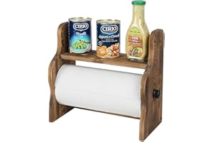 MyGift Wall Mounted Solid Burnt Wood Paper Towel Holder and Spice Rack Storage Shelf with Industrial Black Metal Bar for Easy Refill, Countertop Standard Roll Paper Towel Dispenser and Display Shelf