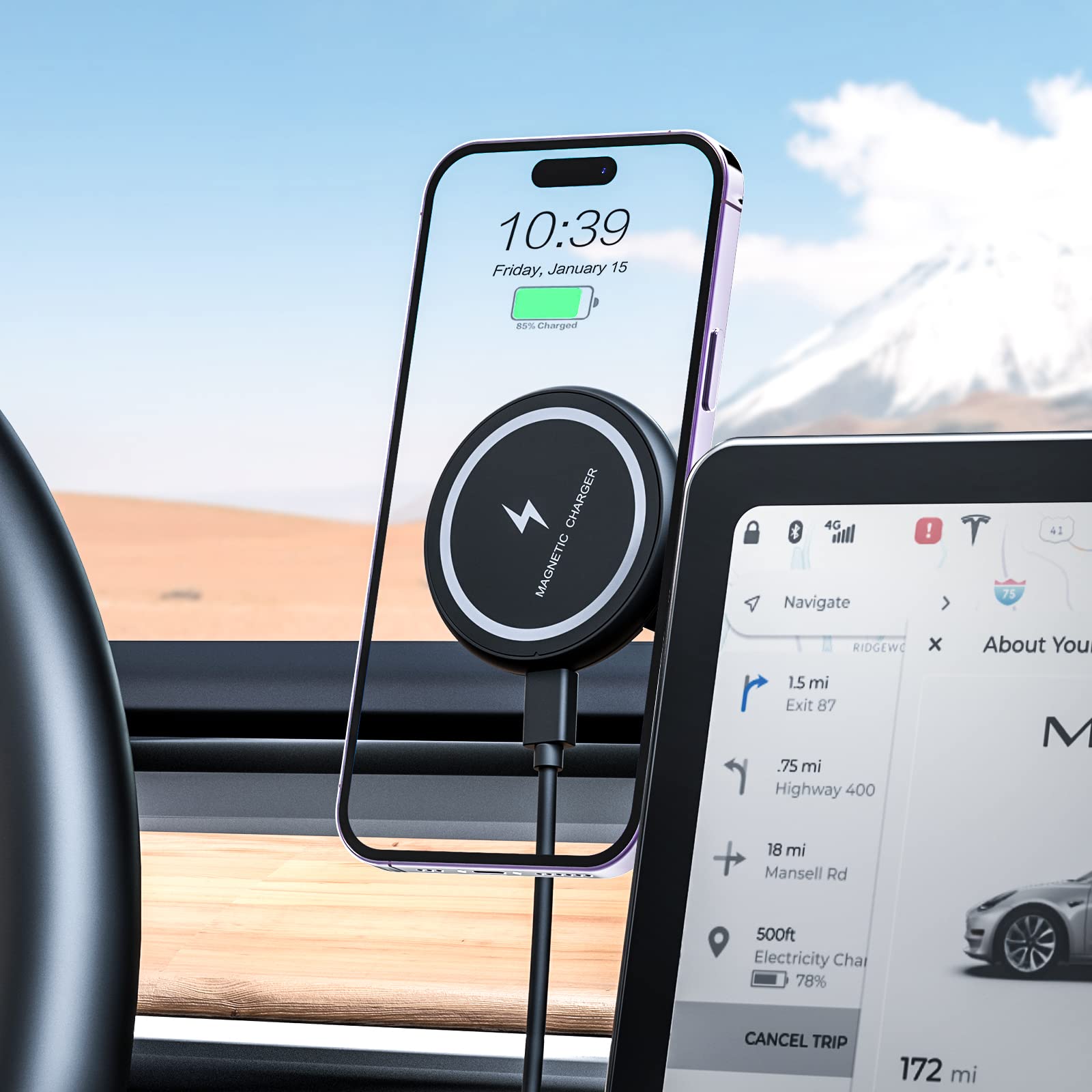 Photo 1 of Marnana Fast Charging Wireless Car Charger Mount, Magnetic Foldable Car Phone Holder for Tesla Model 3/Y Designed for MagSafe Compatible with iPhone 12/13/14 Series
