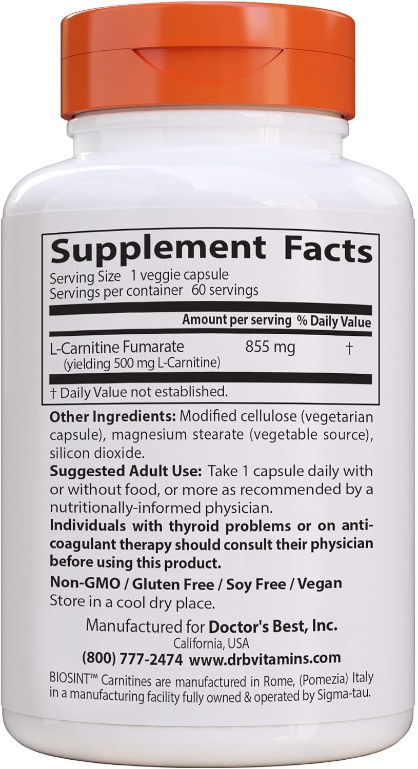 Doctor's Best L-Carnitine Fumarate, Non-GMO, Vegan, Gluten Free, Heart Health, 855 mg, 60 Count Veggie Caps: Health & Personal Care