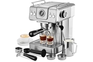 Neretva 20 Bar Espresso Machine, Expresso Coffee Machine With Milk Foaming Steam Wand, Espresso Latter and Cappuccino Maker, 1.8L Water Tank, For Home Barista (Silver)
