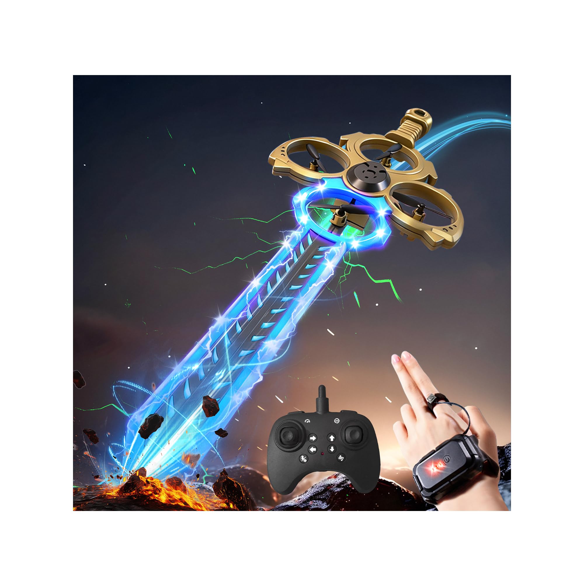 Photo 1 of Virellia Upgraded Flying Sword RC Drone with Colorful LED Lights, ABS Metal Remote Control Airplane with Hand Gesture & Smart Watch Control, 3 Speed Modes & Stunt Drone for Kids Adults