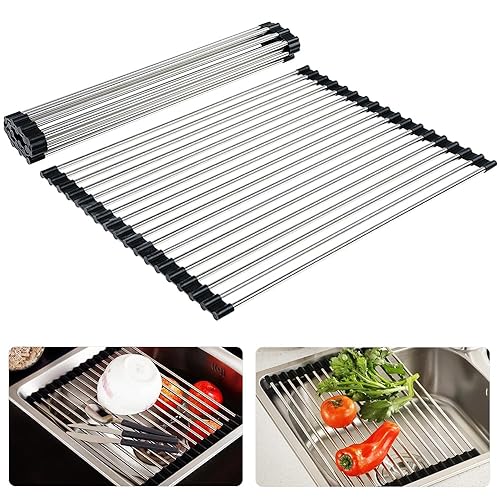 Dish Drainer Rack,Foldable and Removable Stainless Steel Dish Drying Over the Sink,Sink Drainer Rack for Cups,Fruits,Vegetables,Kitchen Draining Board,Super Kitchen Organiser (Black 42.8 * 34cm)